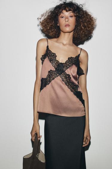 TOP LENCERO ENCAJE - Coñac de Zara - Imagen 0