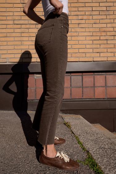 Zara TRF HIGH RISE CROPPED FLARE JEANS - Brown