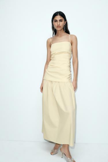 DRAPED COTTON BLEND MIDI DRESS - Butter by Zara