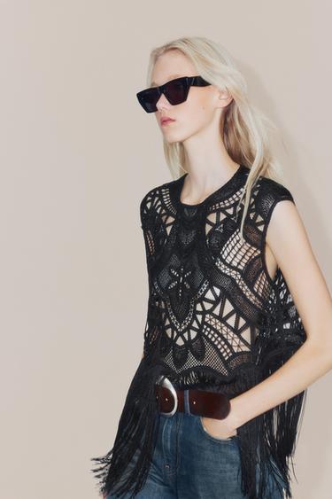 ZW COLLECTION CROCHET BEADED FRINGED TOP - Black by Zara