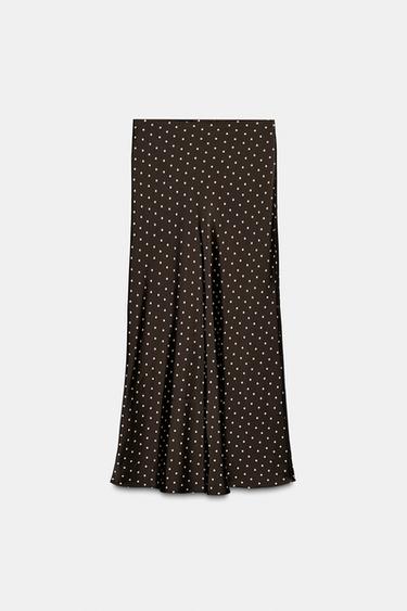 JUPE MIDI SATINÉE - Marron / Écru de Zara