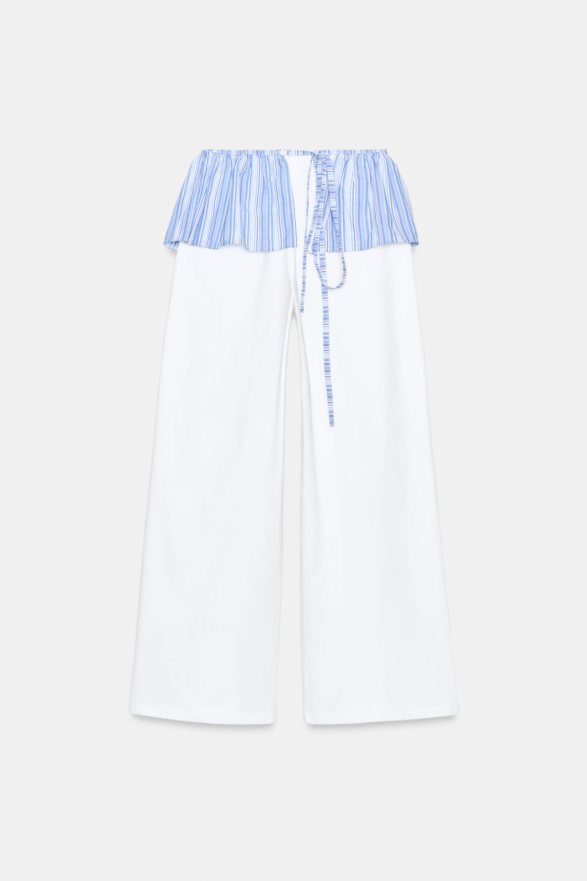 PANTALON DROIT À VOLANT EN MATIÈRES VARIÉES