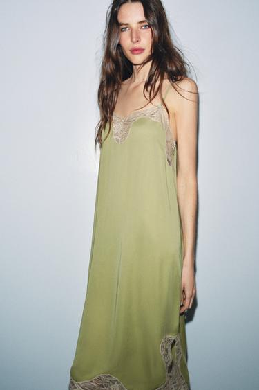 Zara ZW COLLECTION SATIN LACE DRESS - Pistachio