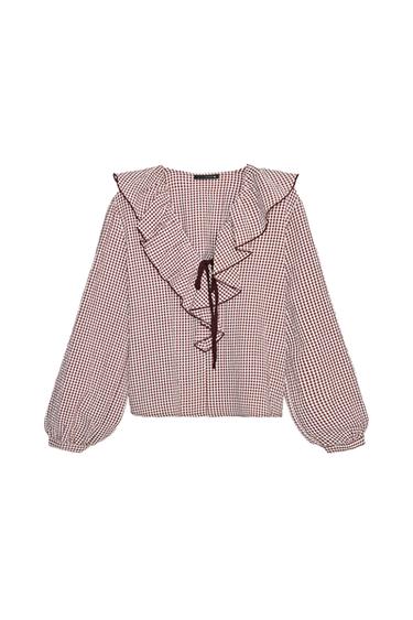 BLUSA VOLANTES CUADROS LAZO - burdeos/crudo de Zara