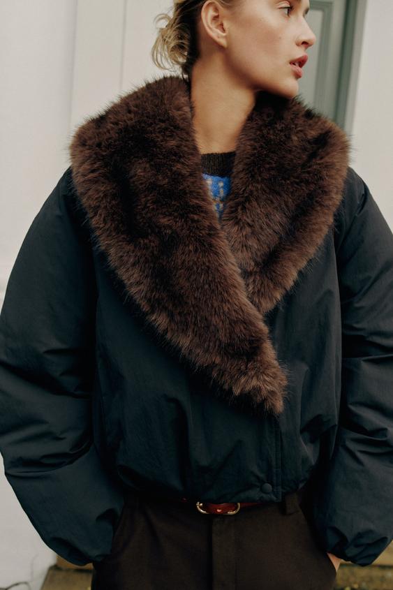 CONTRAST FAUX FUR PADDED JACKET - Black by Zara - Image 3
