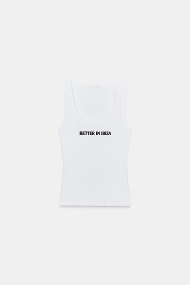 Zara RIB KNIT TEXT TOP - White