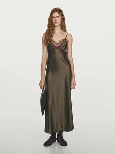 Zara 100% silk long slip dress - STUDIO - Dark green