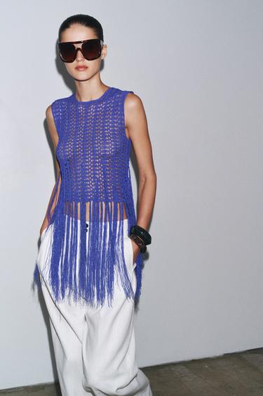FRINGED CROCHET KNIT TOP - Blue by Zara - Image 0