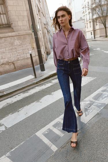 Zara GINGHAM BALLOON SHIRT - Maroon