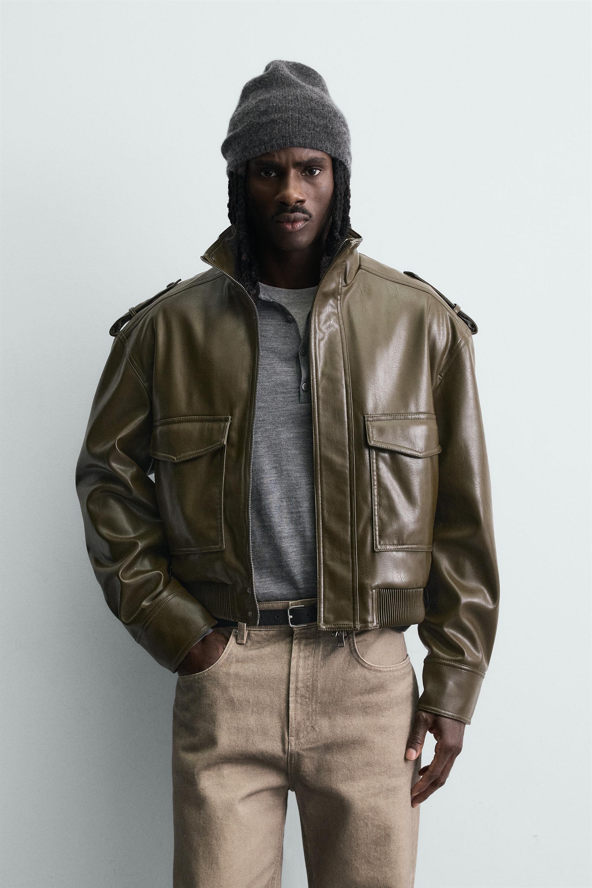 クロップド丈フェイクレザージャケット - オリーブグリーン | ZARA