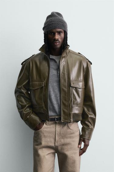 CROPPED FIT FAUX LEATHER JACKET - Olive green by Zara