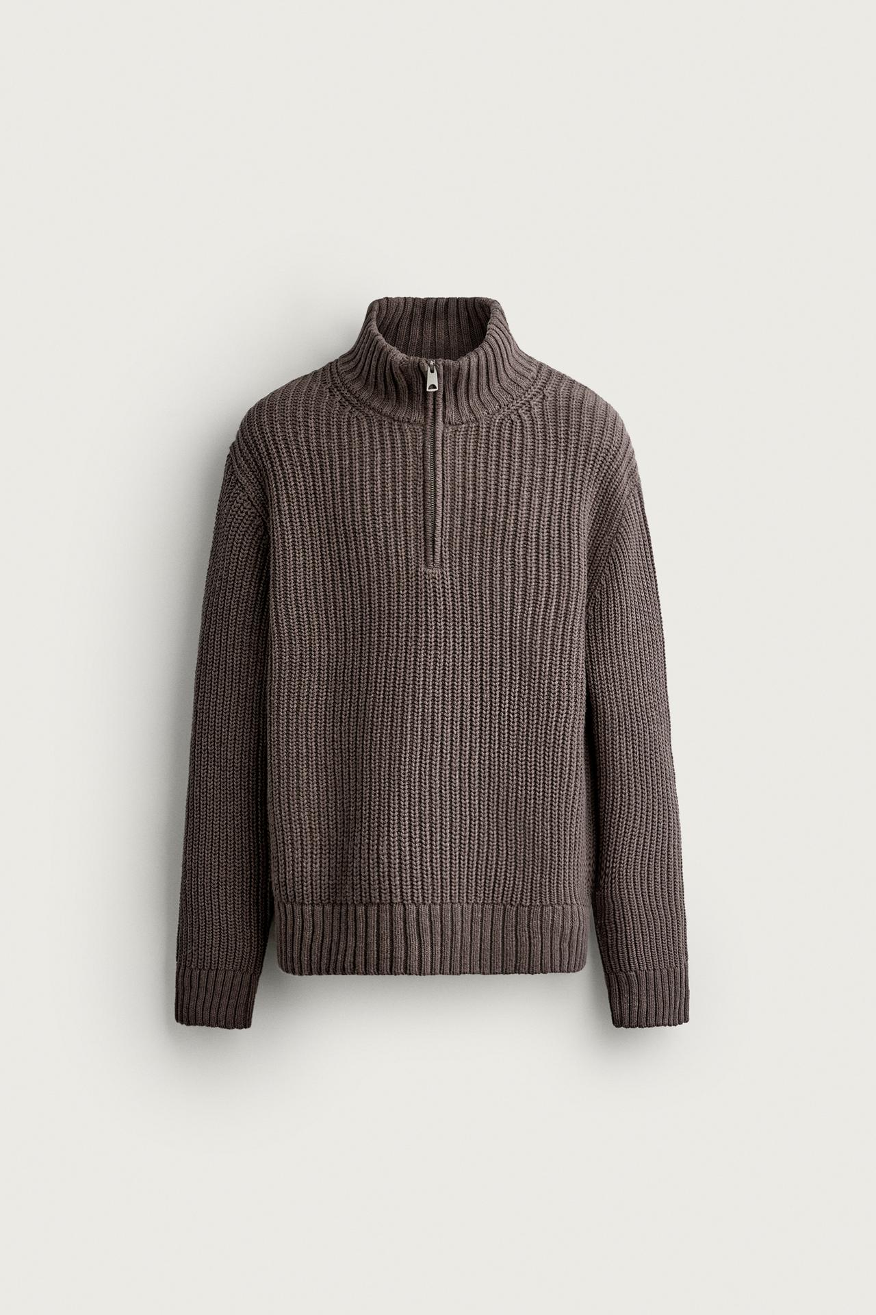 COTTON-WOOL QUARTER-ZIP SWEATER — Taupe gray