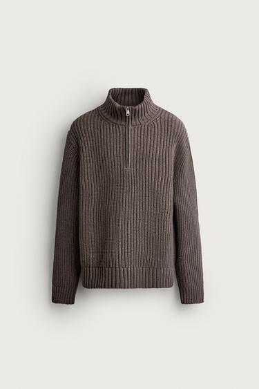 COTTON-WOOL QUARTER-ZIP SWEATER — Taupe gray 1