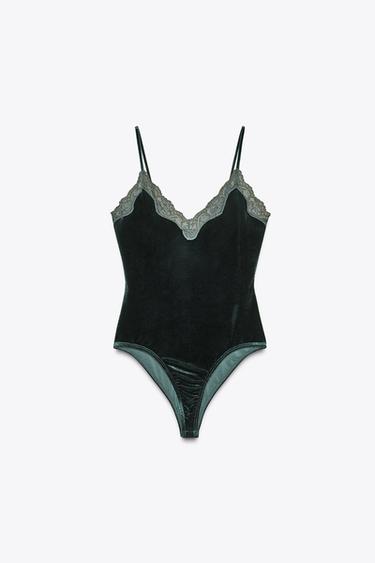 VELVET BODYSUIT WITH LACE TRIM - Green by Zara - Image 0