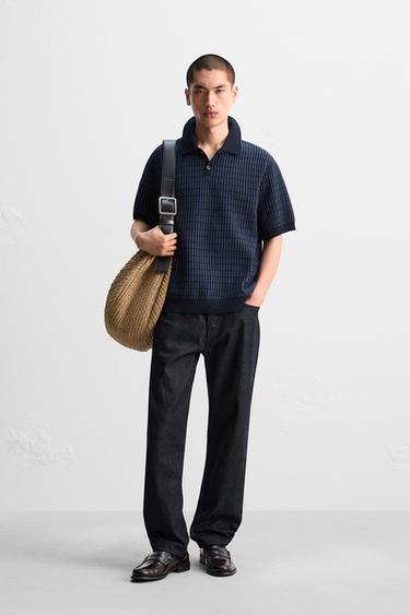 Zara 對比紋理針織POLO衫 - 海藍色 - 圖片 0