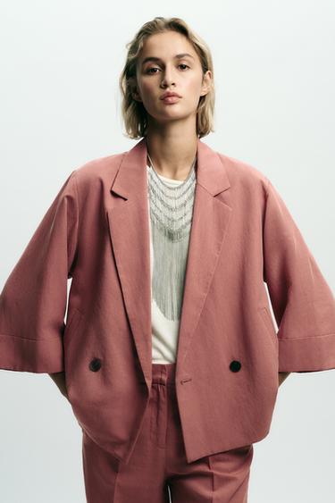Zara DOUBLE-BREASTED FRENCH SLEEVE BLAZER - MARSALA