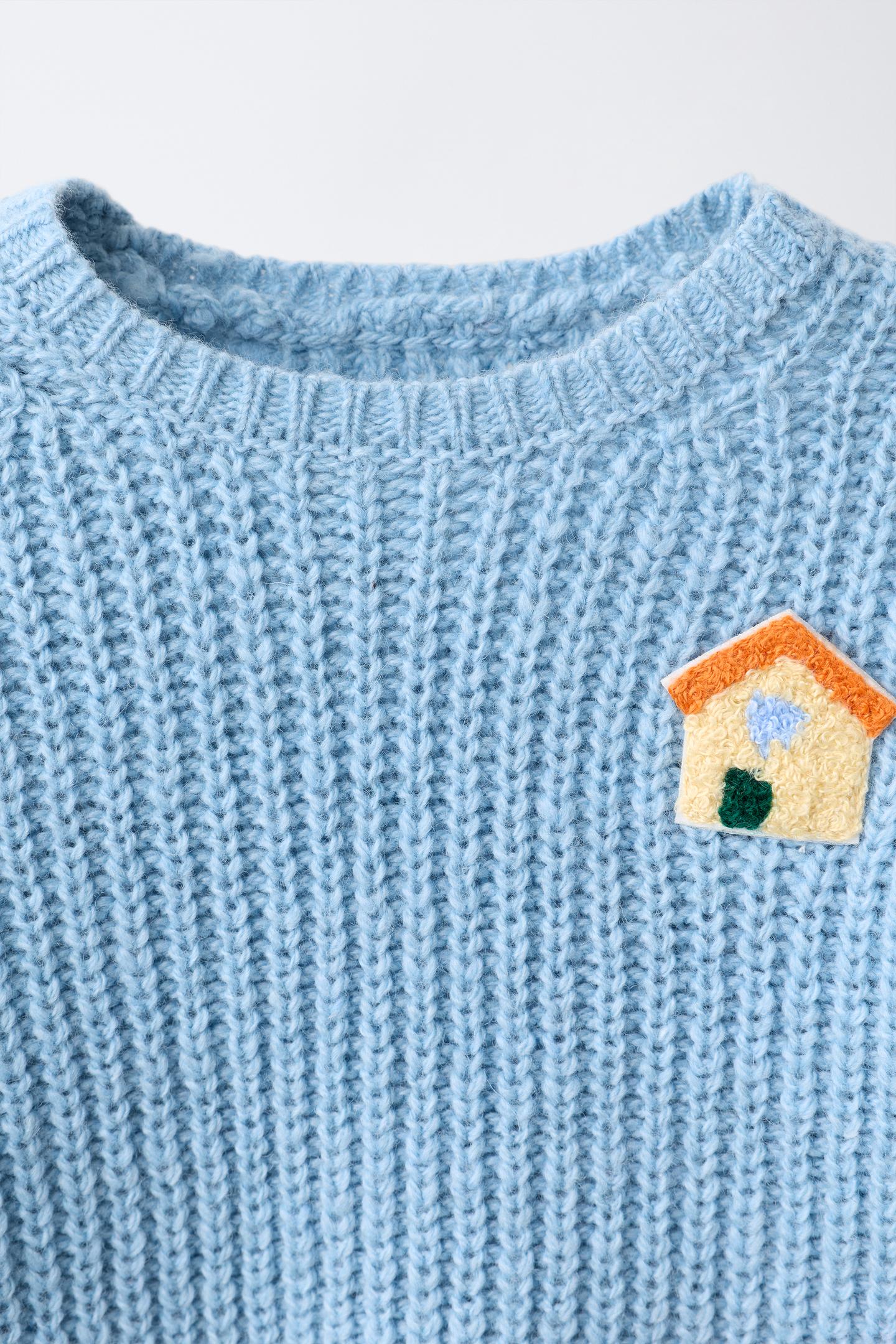 Детский свитер Zara House Embroidered Pearl Knit with Wool, цвет: Светлый синий — фото 3