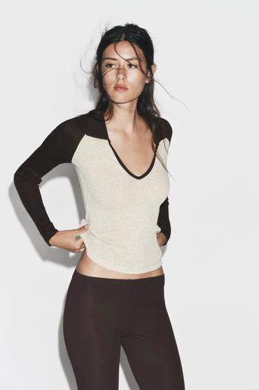 CONTRAST POLO COLLAR T-SHIRT - Beige marl by Zara