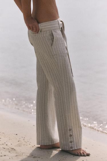 PANTALON LIN CEINTURE RAYURES - Marron clair de Zara - Image 3