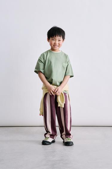 Zara 直筒針織毛圈布條紋長褲 - 深紫色