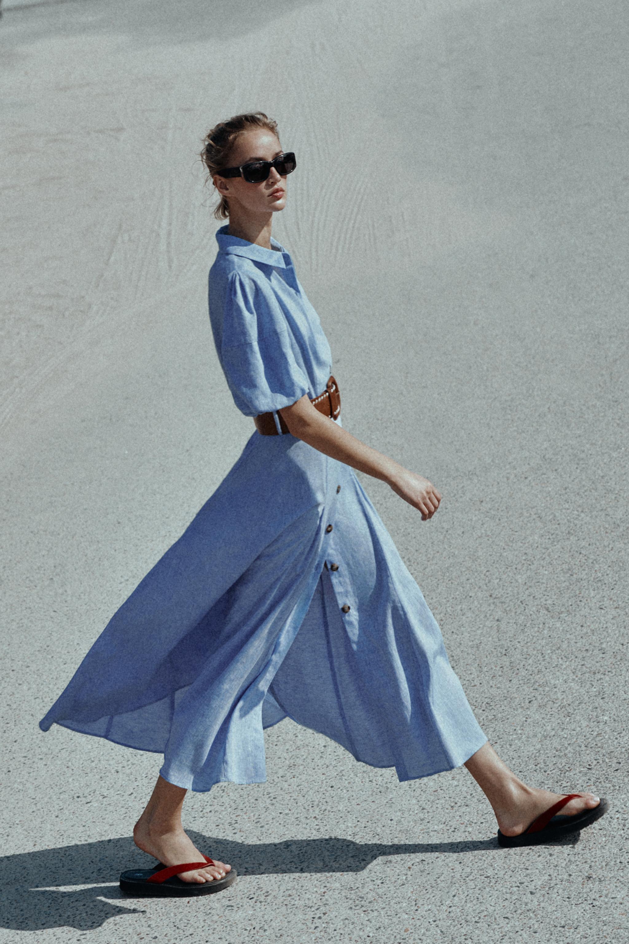 ROBE MI-LONGUE AVEC CEINTURE EN LIN