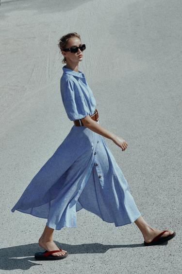 ROBE MI-LONGUE AVEC CEINTURE EN LIN - Bleu de Zara - Image 5