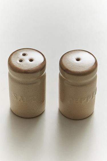 STONEWARE SALT AND PEPPER SHAKER SET - Grey / Beige by Zara