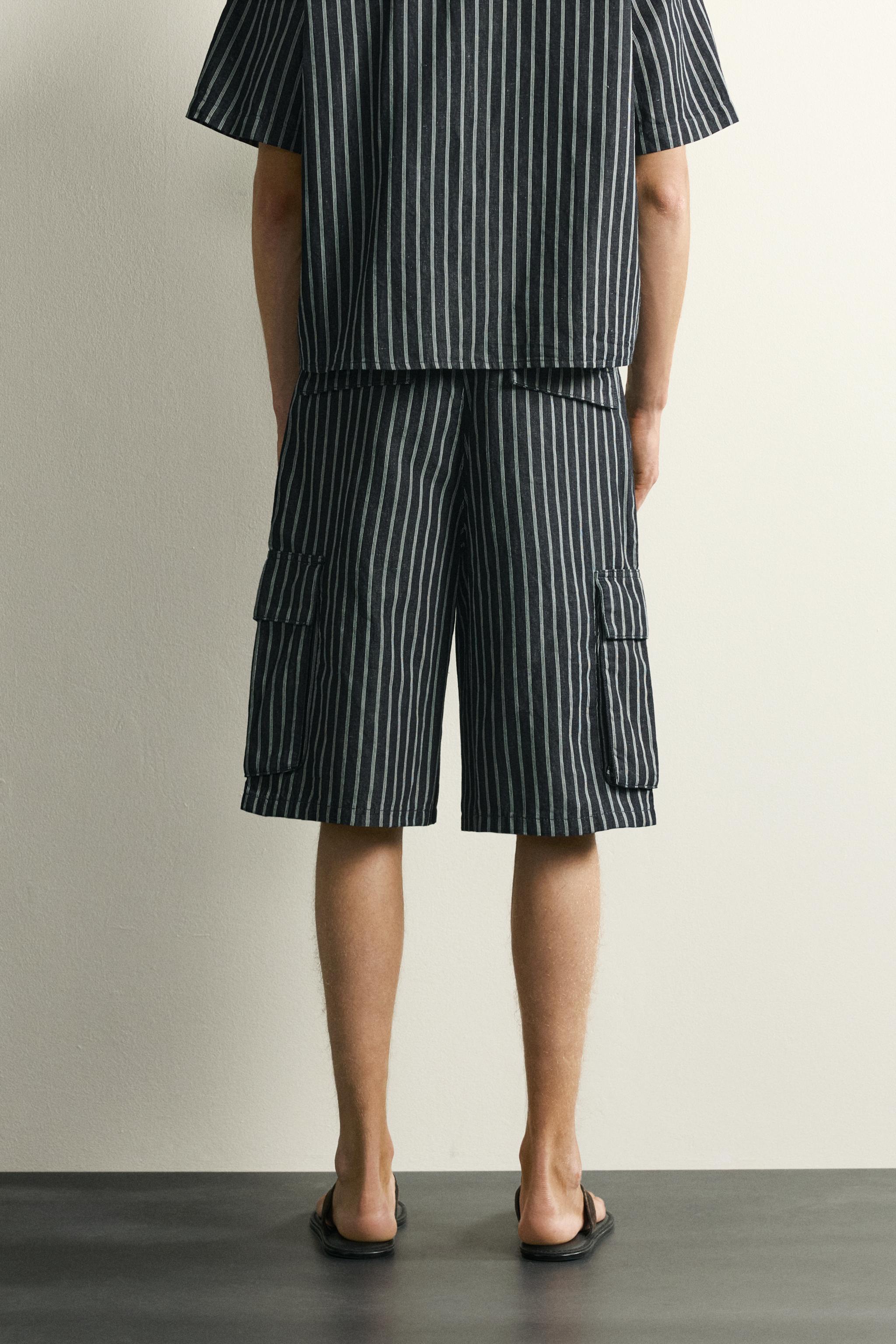 STRIPED COTTON-LINEN DENIM CARGO SHORTS