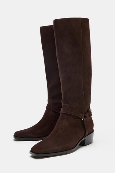 BOTTES HAUTES EN CROÛTE DE CUIR - Marron de Zara - Image 3