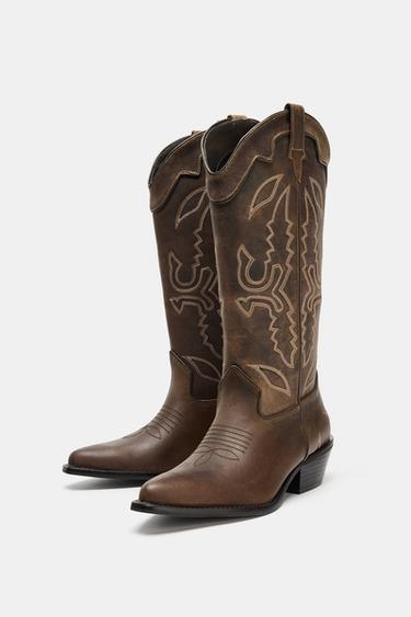 LEATHER COWBOY BOOTS - Brown by Zara - Image 3