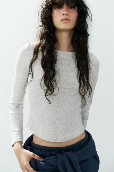 Zara BOAT NECK T-SHIRT - Light gray