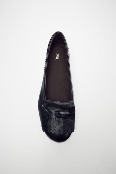 FRINGED LEATHER BALLERINAS - Black by Zara