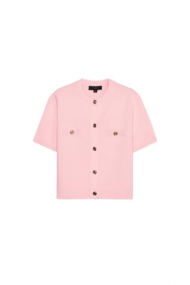 Front view of a pink cardigan with gold buttons and chest pockets.