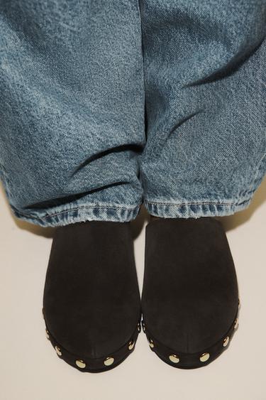 SPLIT SUEDE STUDDED KITTEN CLOGS - Brown by Zara - Image 1