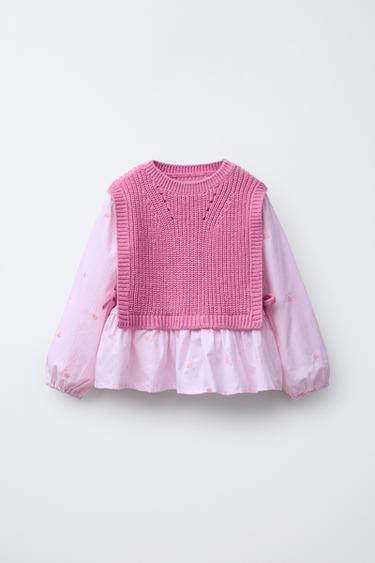 HEART EMBROIDERY SHIRT WITH KNITTED VEST - وردي الخاص بـ Zara