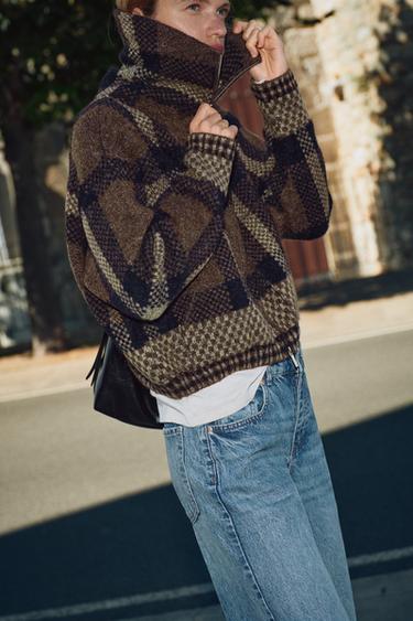 CHECKED KNIT BOMBER JACKET - Brown / Ecru by Zara - Image 1