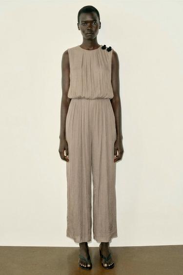 Zara SATIN JUMPSUIT WITH SHOULDER FROG FASTENING - Brown / Taupe - Image 0