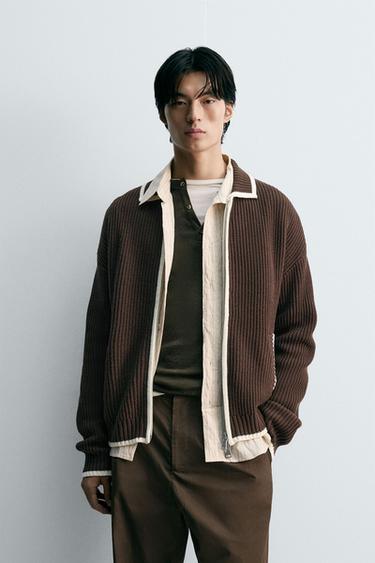CONTRAST RIB KNIT CARDIGAN - Brown by Zara
