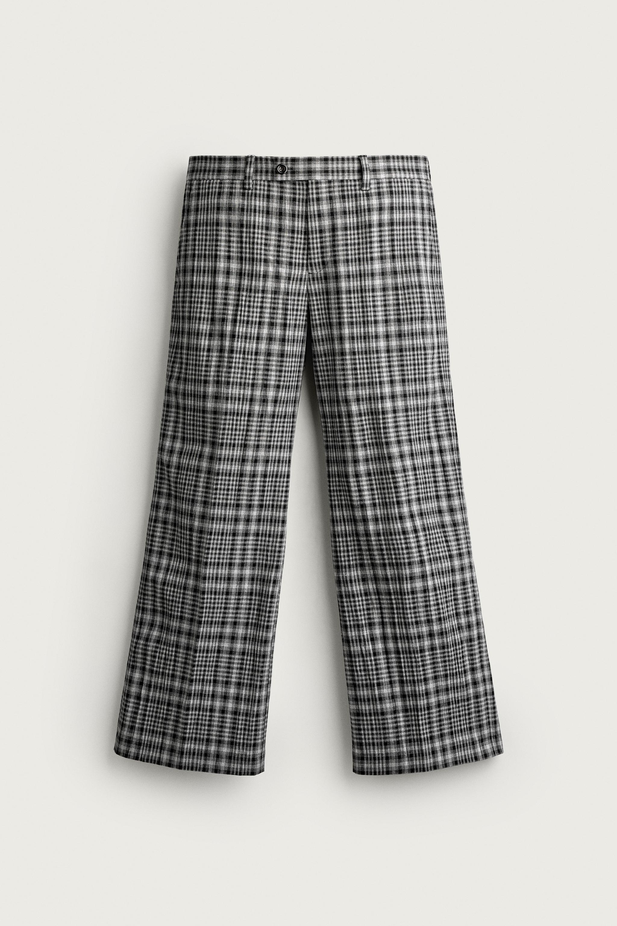 CHECKERED FLARE FIT PANTS — Gray