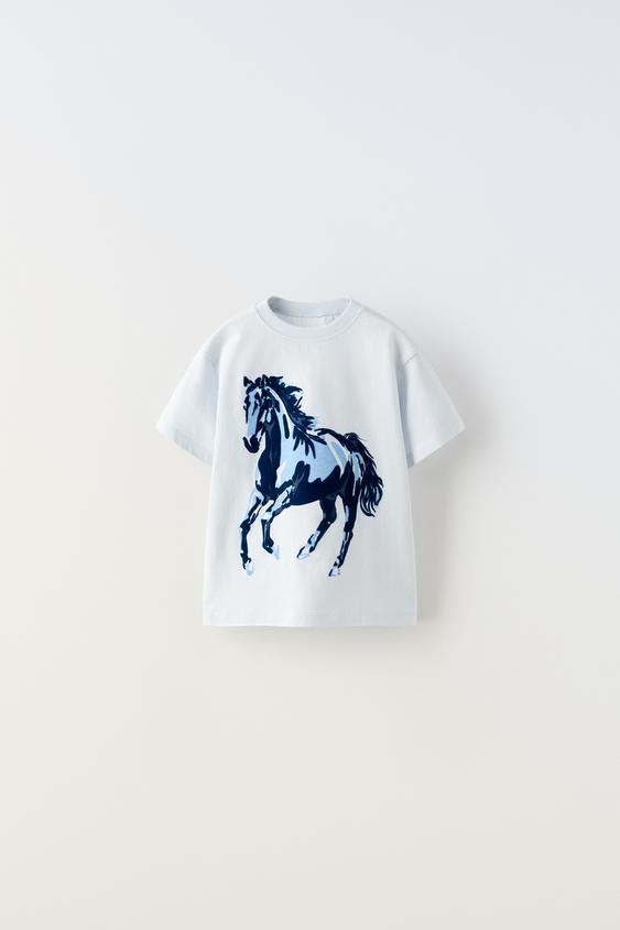 HORSE PRINT TSHIRT WITH FLOCKING Light blue ZARA India