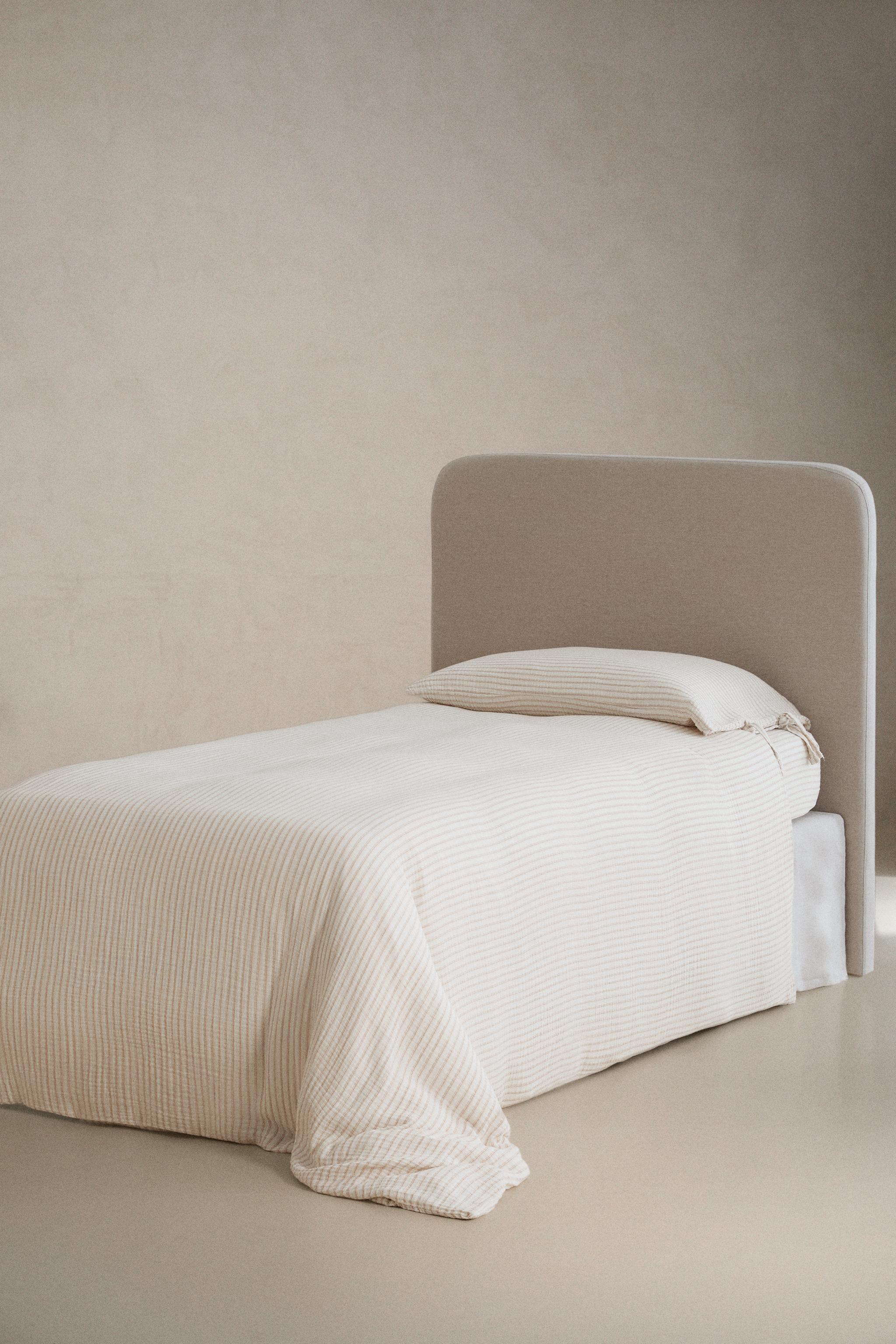 KIDS' STRIPED CHIFFON COTTON FITTED SHEET — Oyster-white