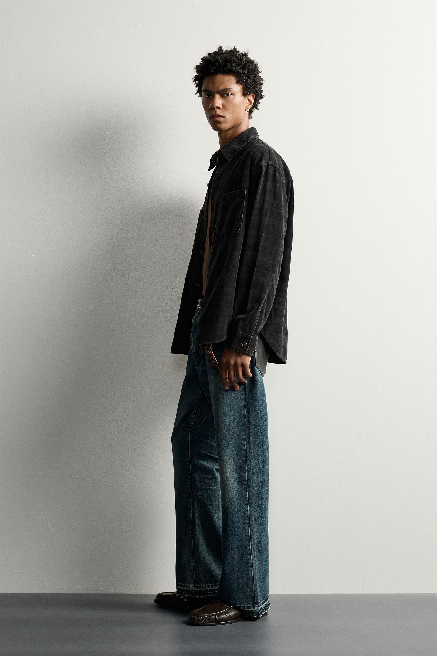 Мужская рубашка Zara Washed Plaid Corduroy, цвет: Чёрный / Белый — фото 4