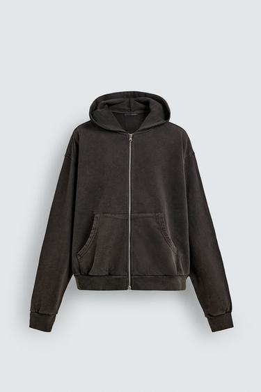 WASHED ZIP-UP HOODIE - Dark brown by Zara