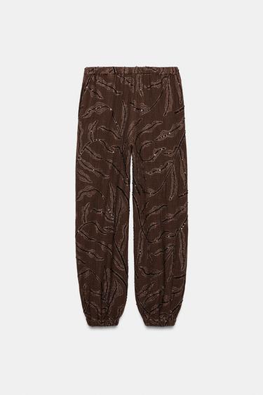 METALLIC THREAD SEQUIN SAROUEL TROUSERS - Brown by Zara
