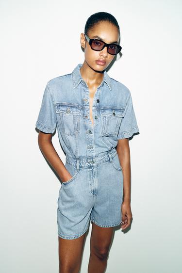 Z1975 SHORT FLOWY DENIM JUMPSUIT - Mid-blue by Zara