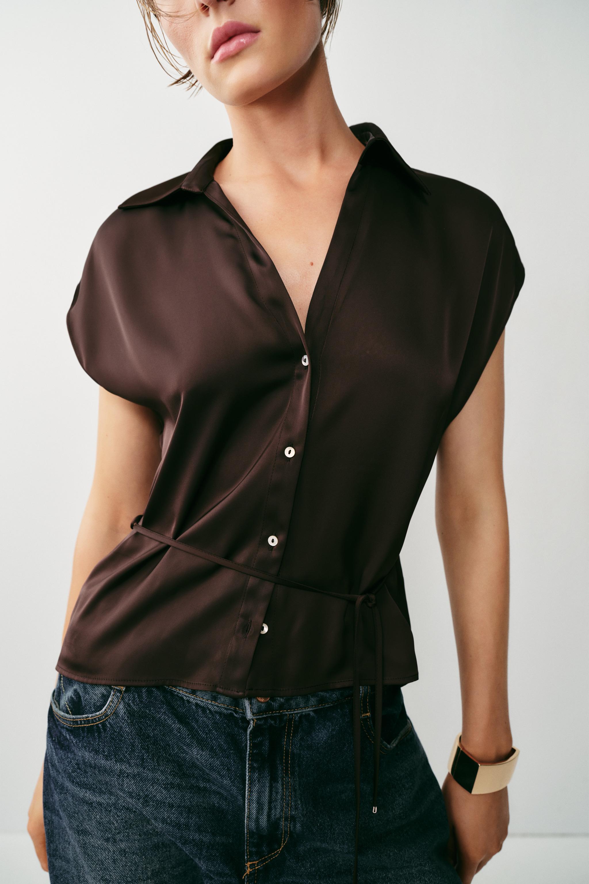 BELTED SATIN EFFECT SLEEVELESS SHIRT — Brown