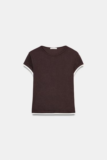 CONTRAST PIPING T-SHIRT - Chocolate by Zara