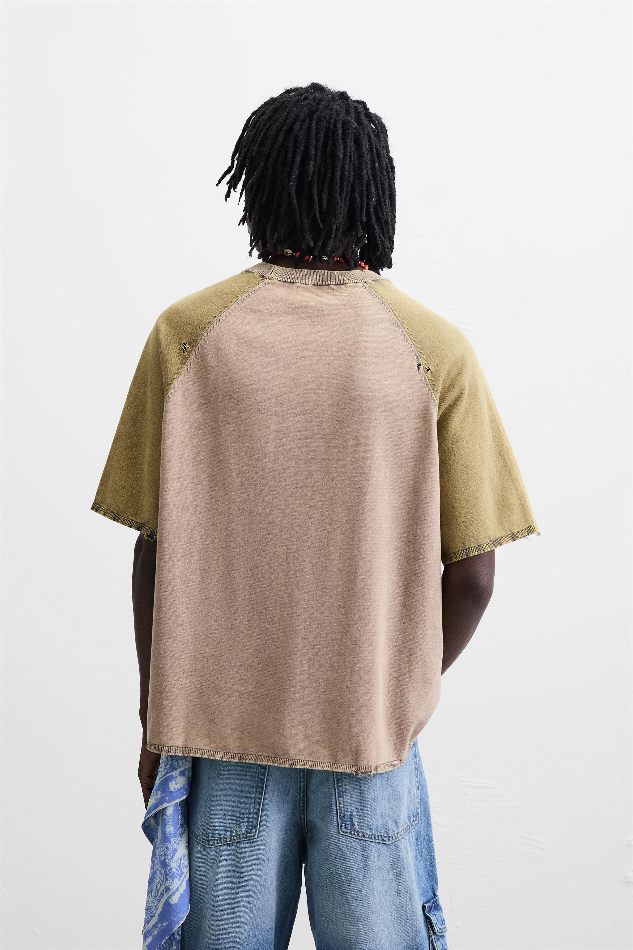 ★ドイツ発*ZARA*新作*フェード加工ニットTシャツ/BROWN★ ウォッシュ加工プリントニットTシャツ - チャコールグレー