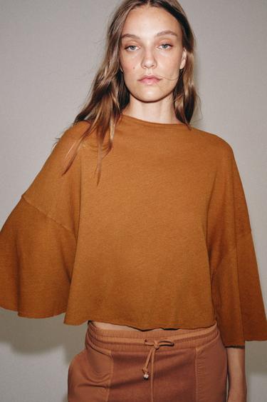 COTTON AND LINEN CAPE T-SHIRT - Burnt orange by Zara