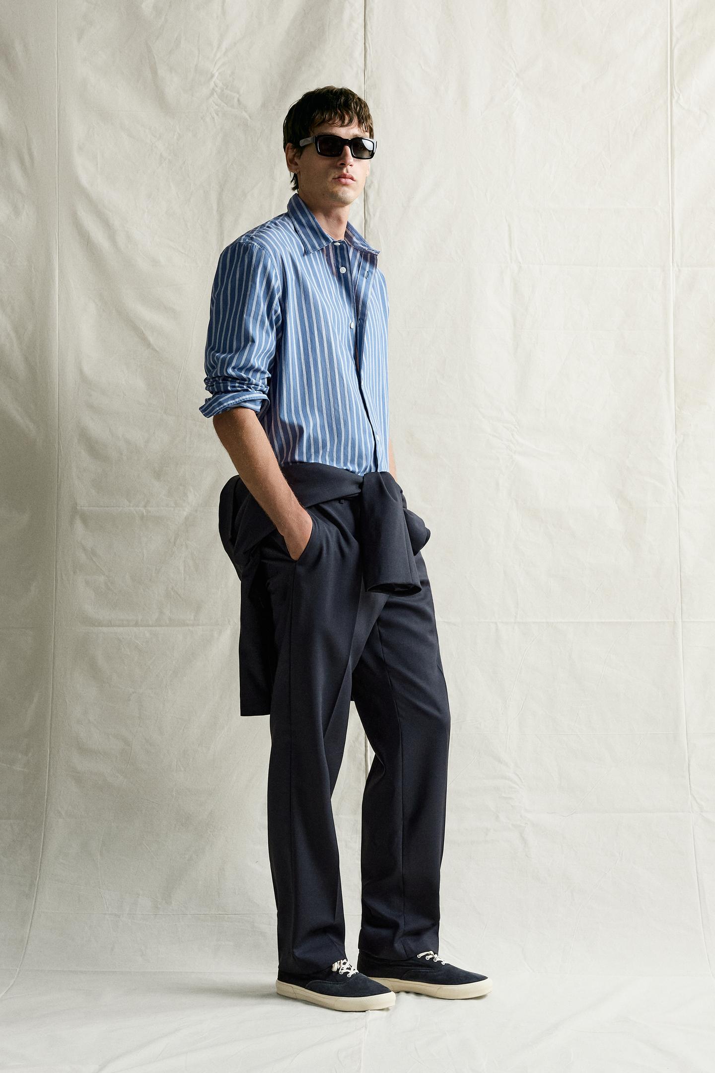 Мужская рубашка Zara Striped Relaxed Fit, цвет: Светлый индиго — фото 4